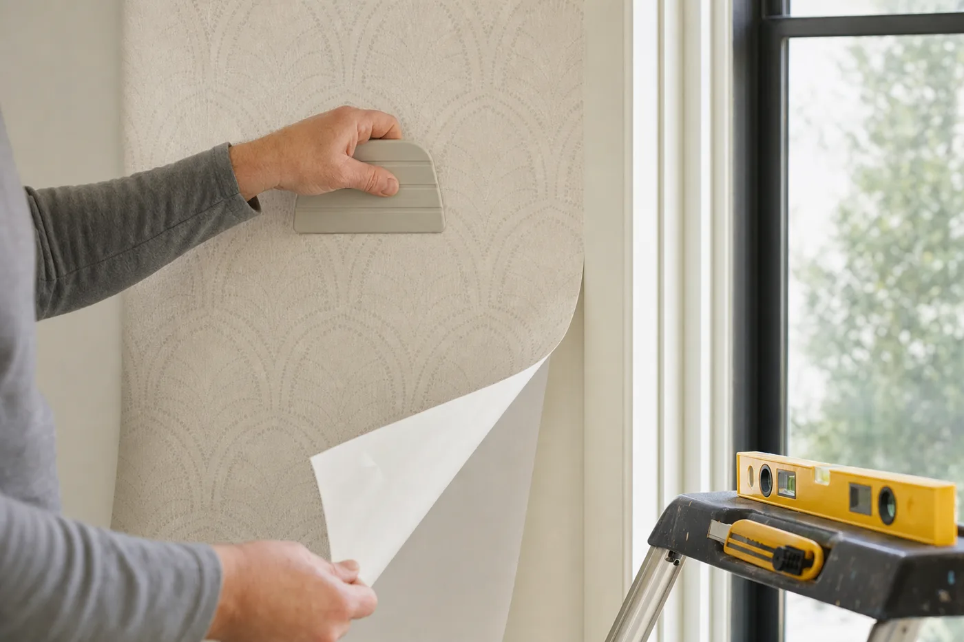 Hands smoothing a strip of patterned peel-and-stick wallpaper down a wall with a plastic smoothing tool
