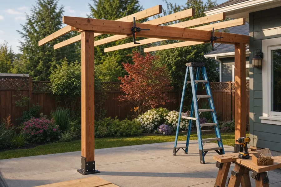 A cedar pergola frame going up over a concrete patio, beams clamped in place beside a blue stepladder and drill