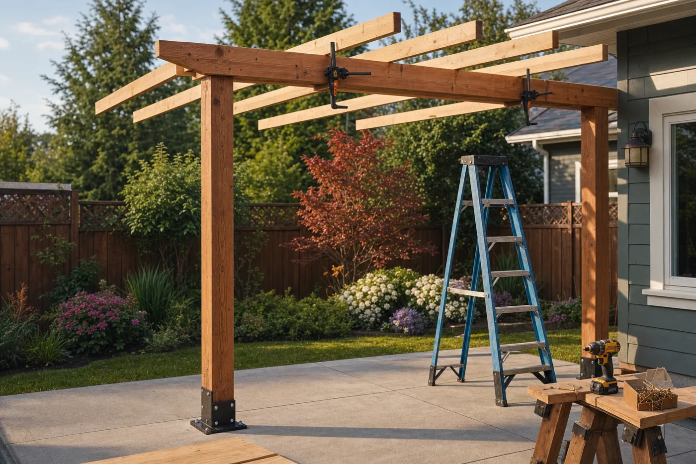 A cedar pergola frame going up over a concrete patio, beams clamped in place beside a blue stepladder and drill
