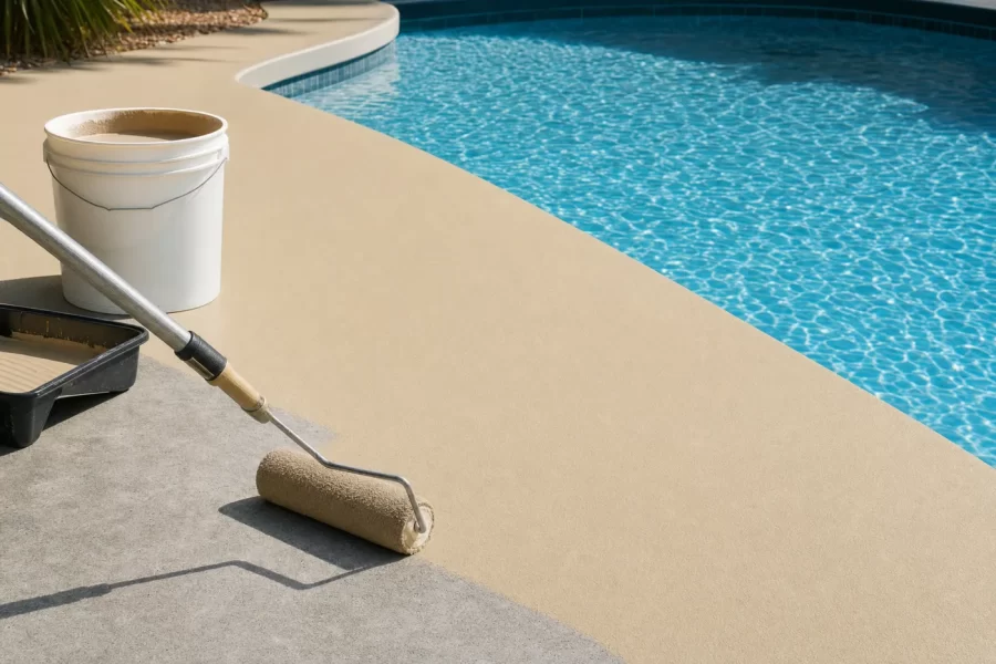 A textured roller applying light sand-colored acrylic coating to a clean concrete pool deck beside blue water