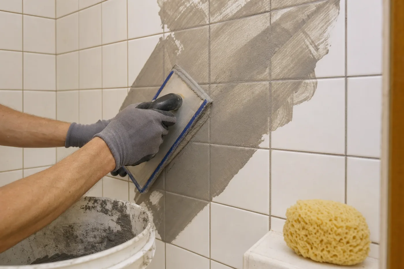 A rubber grout float pressing fresh gray grout diagonally across white square tiles on a shower wall