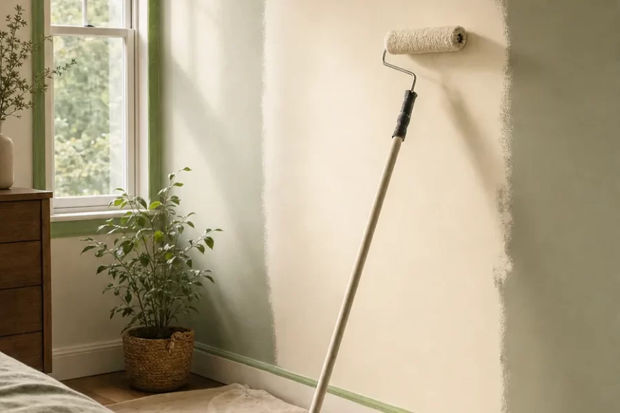 A roller loaded with warm off-white paint laying an even stripe on a bedroom wall beside a taped window