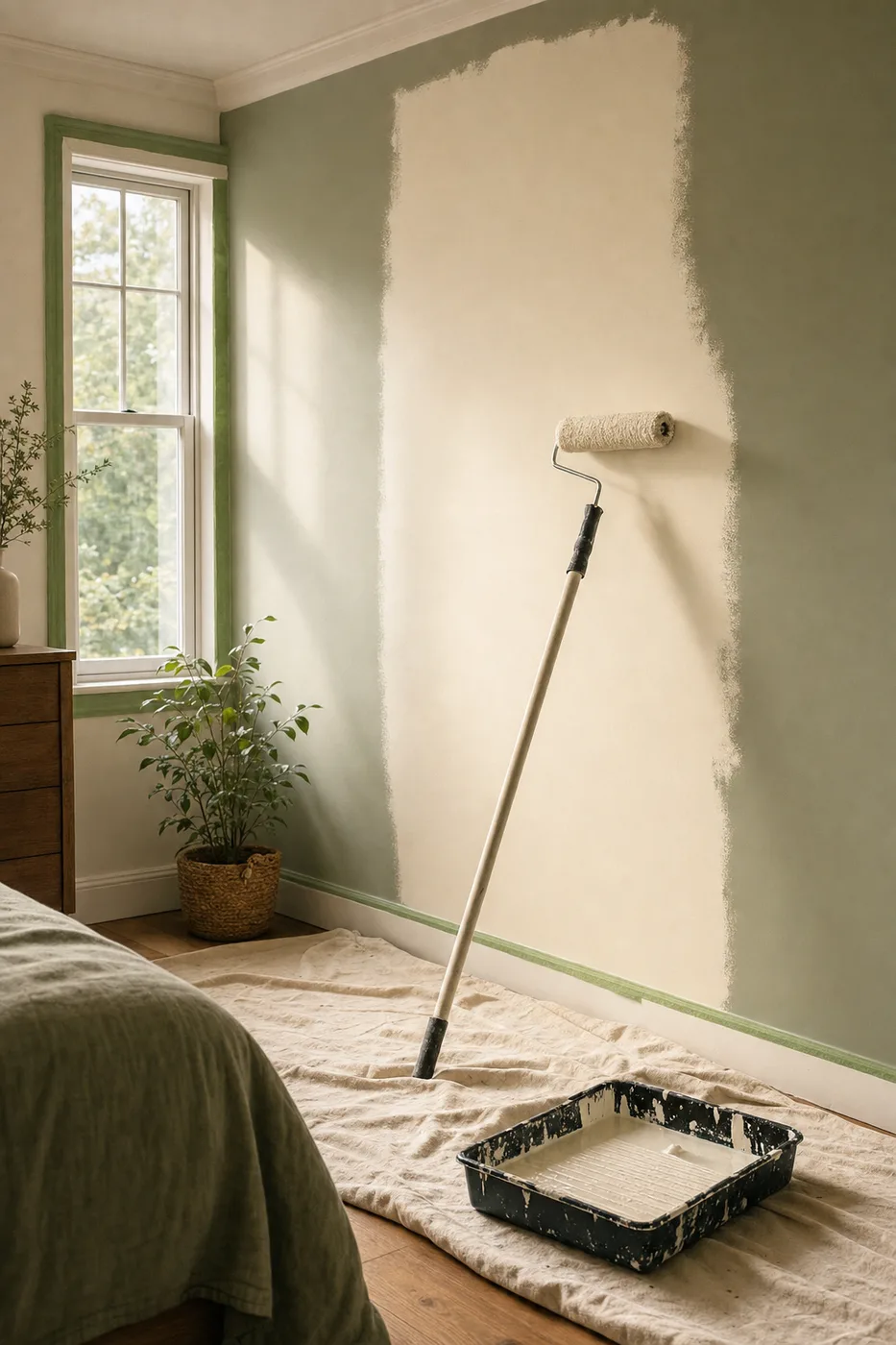 A roller loaded with warm off-white paint laying an even stripe on a bedroom wall beside a taped window