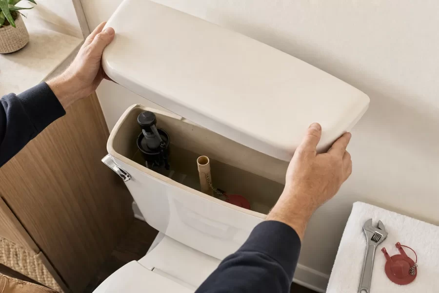 Hands lifting the lid off a toilet tank to inspect the flapper and fill valve inside