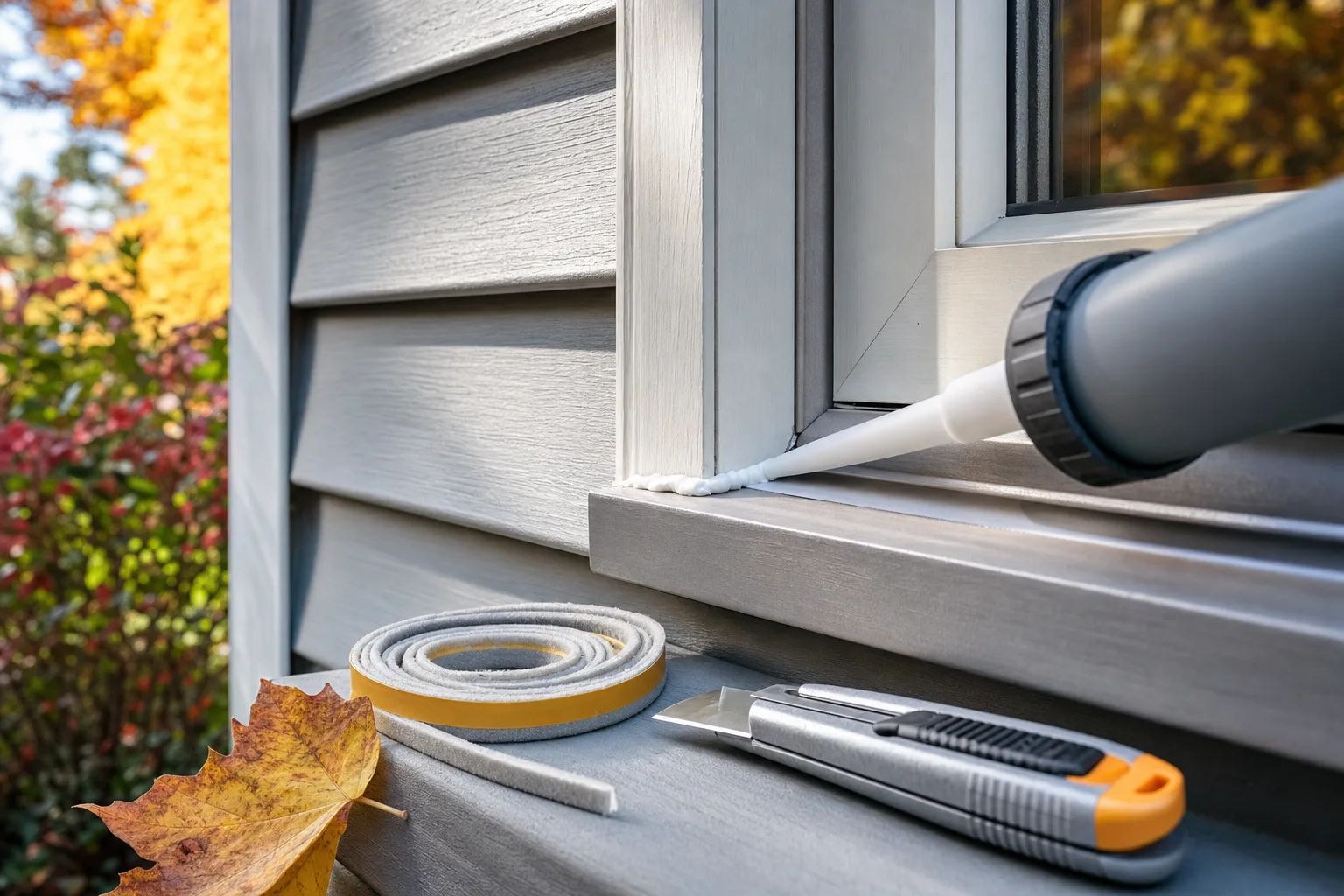 Caulk gun laying a clean bead of white sealant along an exterior window frame, with weatherstripping and a utility knife on the sill