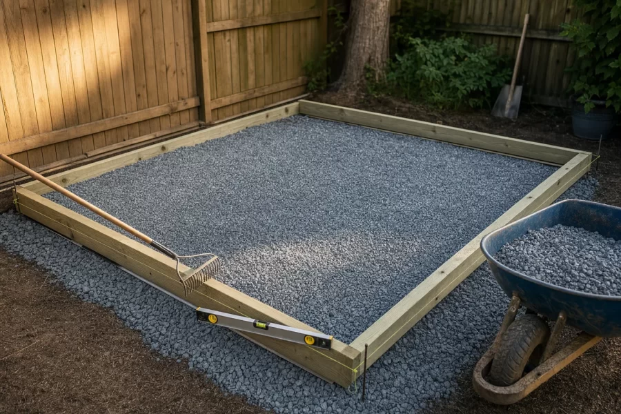A rake leveling crushed gravel inside a timber frame shed base, string lines and level nearby in a backyard