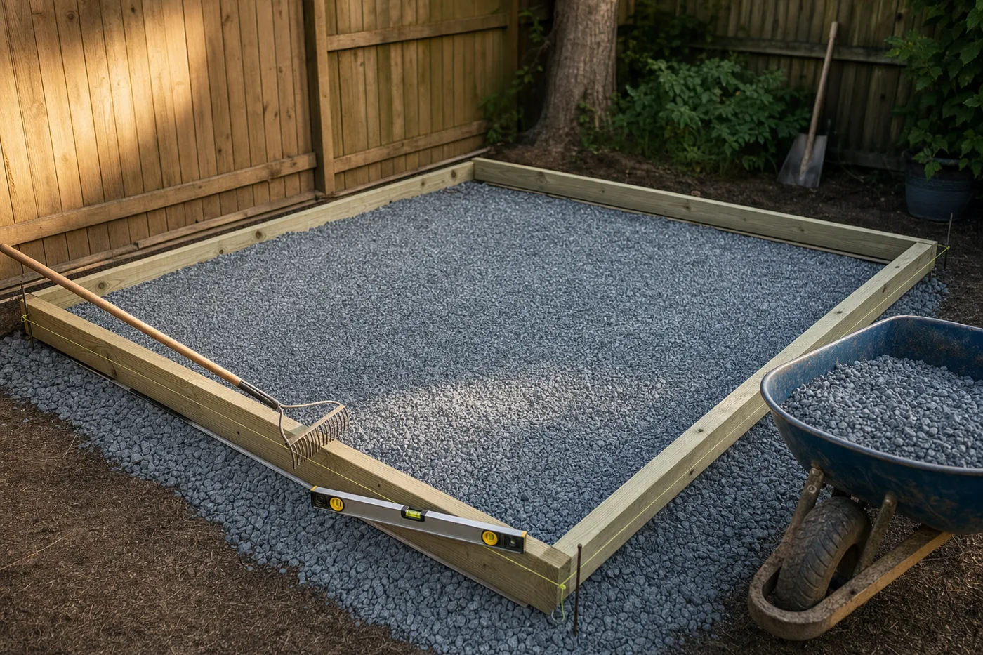 A rake leveling crushed gravel inside a timber frame shed base, string lines and level nearby in a backyard