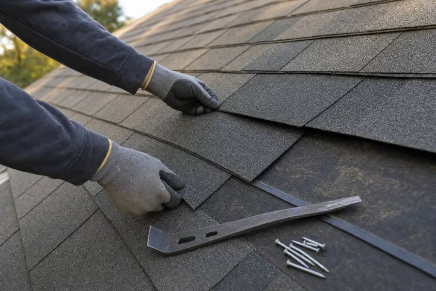 Gloved hands lifting an asphalt shingle tab on a roof, flat pry bar and loose roofing nails resting on the courses