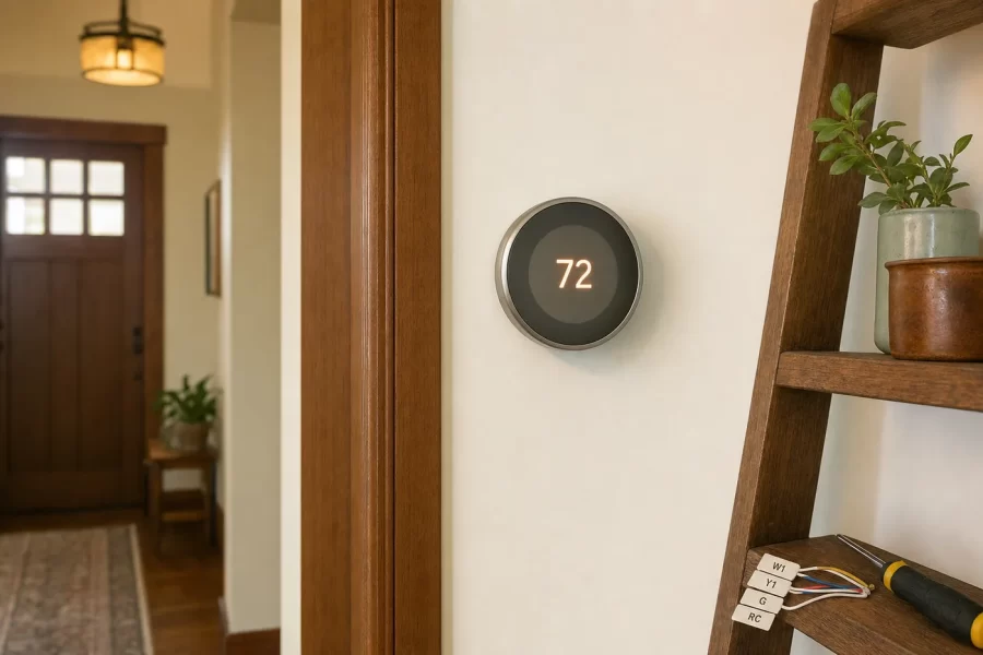 A smart thermostat displaying room temperature on a warm white hallway wall beside a doorway