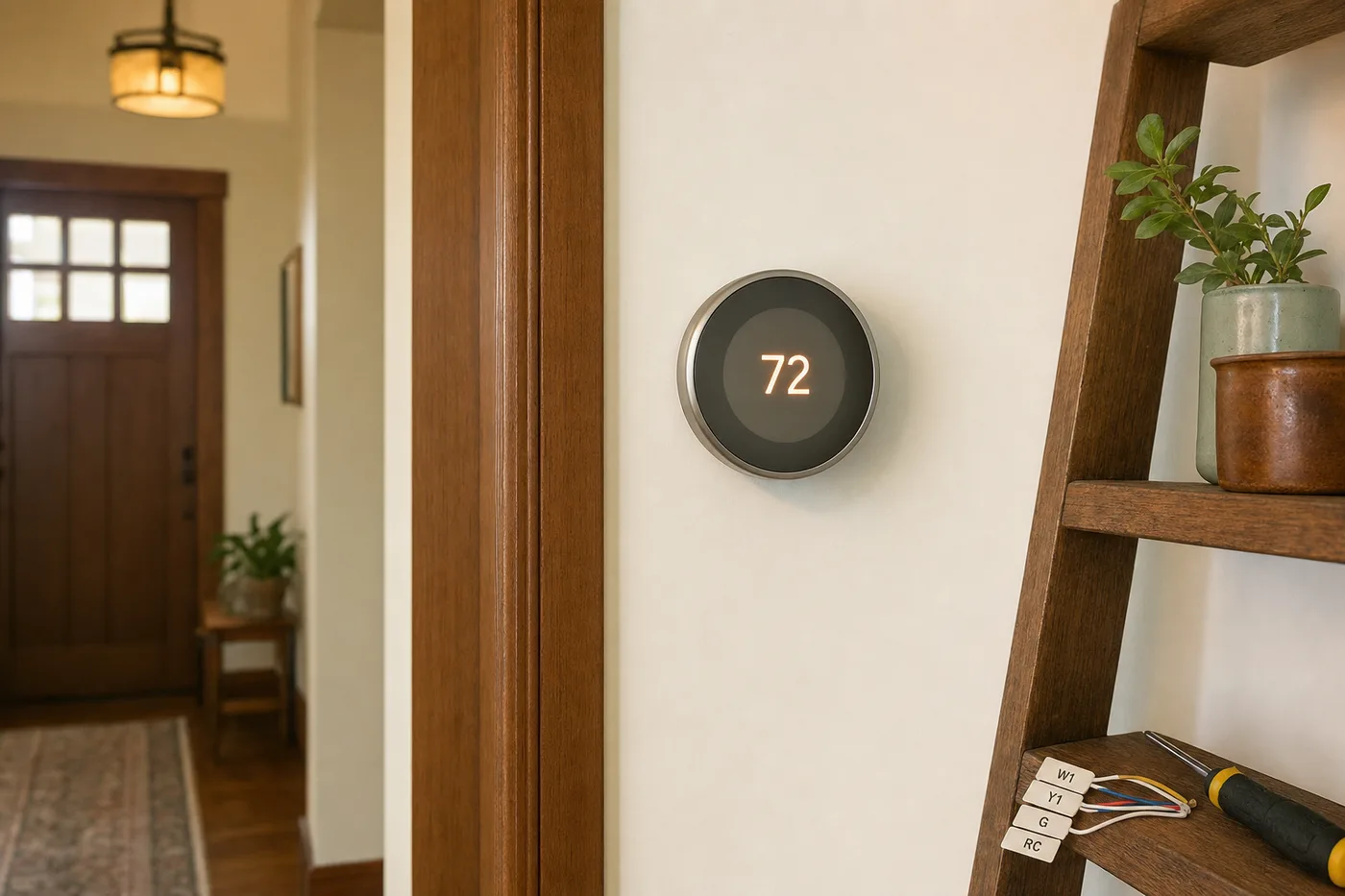 A smart thermostat displaying room temperature on a warm white hallway wall beside a doorway