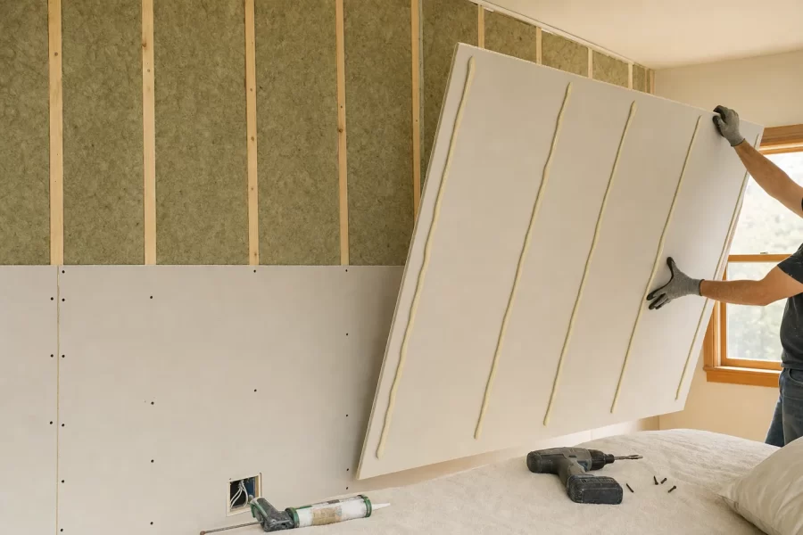 A second layer of drywall being installed over damping compound on a bedroom wall