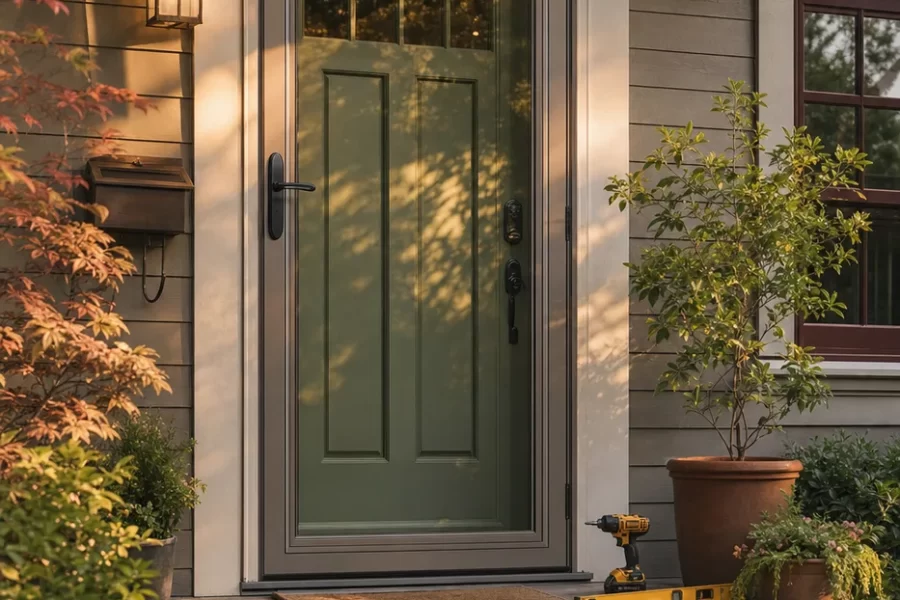 A new full-view storm door with glass panel on a craftsman entry, warm wood front door visible behind it