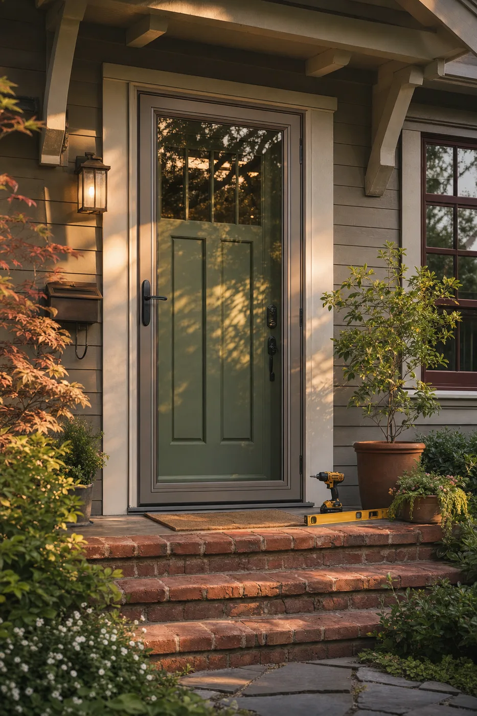 A new full-view storm door with glass panel on a craftsman entry, warm wood front door visible behind it
