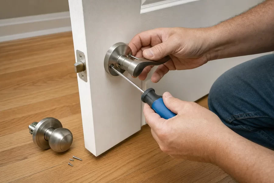 A brushed nickel lever door handle being installed on an interior door with a screwdriver