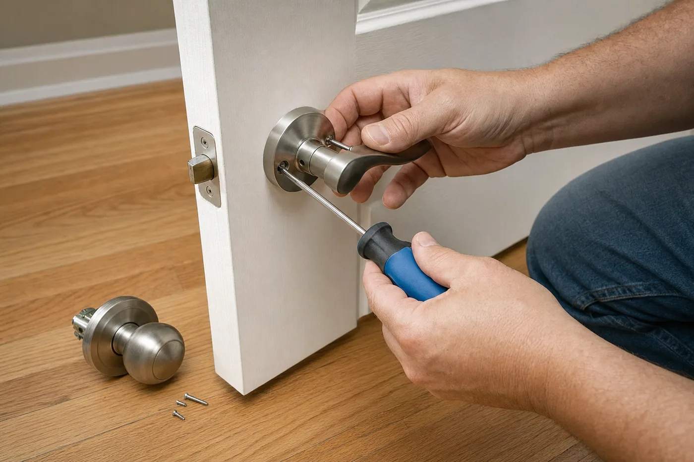 A brushed nickel lever door handle being installed on an interior door with a screwdriver