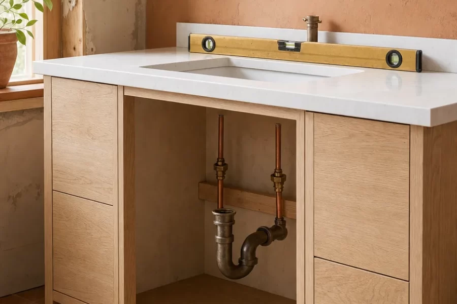 A new oak bathroom vanity with a white countertop basin being fitted against a plastered wall