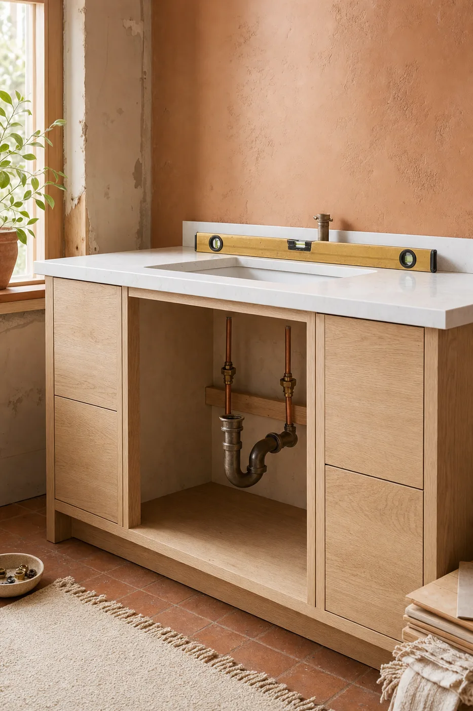 A new oak bathroom vanity with a white countertop basin being fitted against a plastered wall