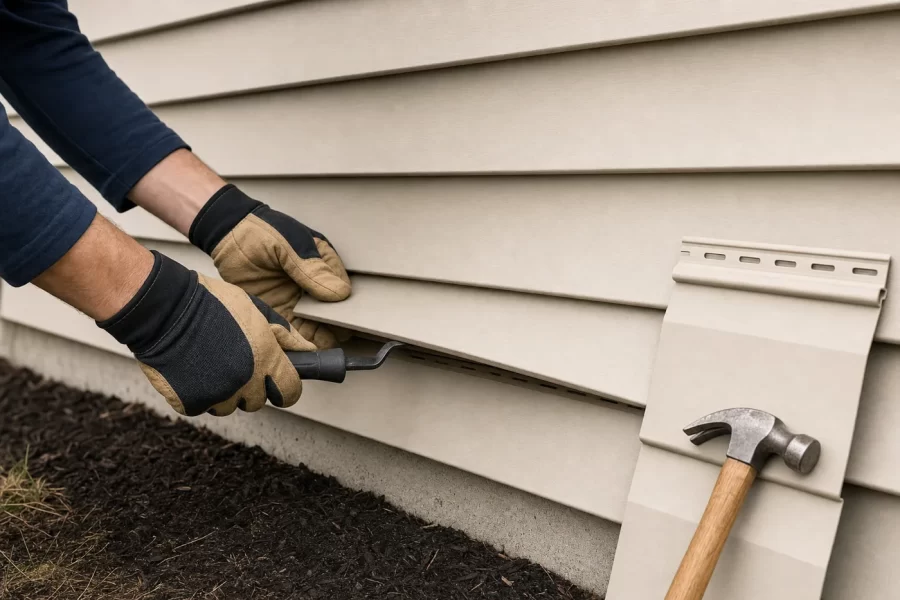 Gloved hands unlocking a course of beige vinyl siding with a zip tool, replacement panel and hammer leaning nearby